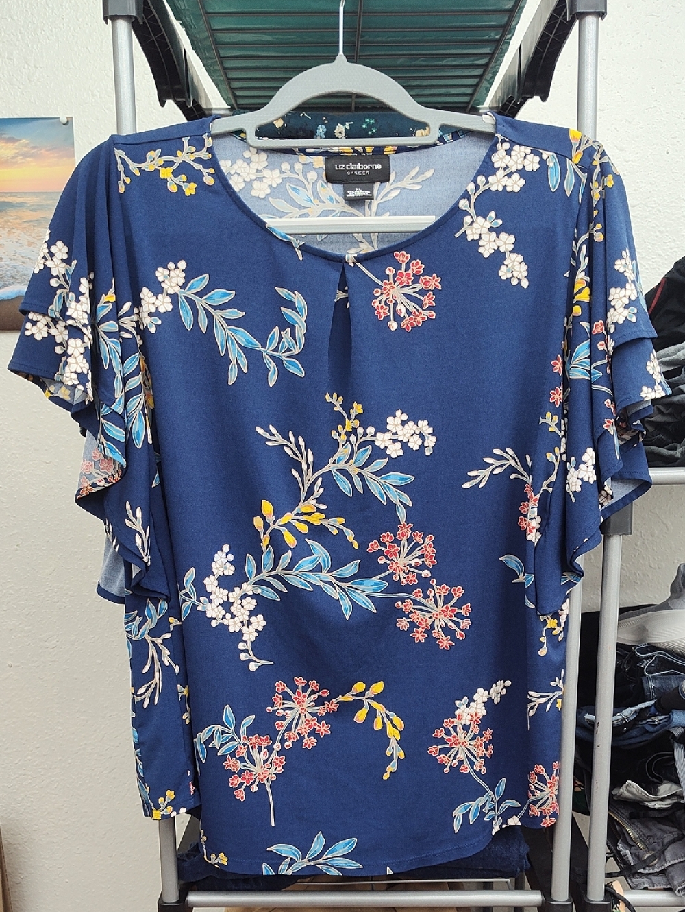 Liz Claiborne Navy Blue Floral Flutter Sleeve Blouse
